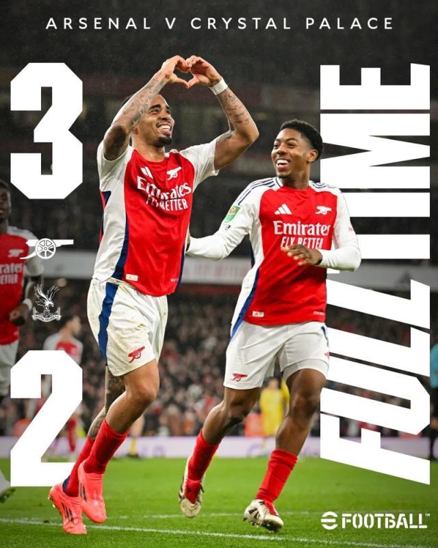 网球-【联赛杯】热苏斯帽子戏法，阿森纳逆转水晶宫进4强！